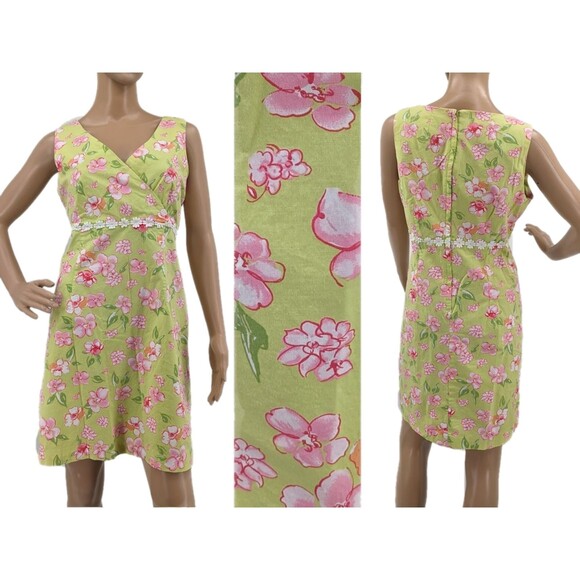 Vintage y2k Bay Studio Midi Dress Faux Wrap Floral Green Crochet Size Petite M - Picture 10 of 10